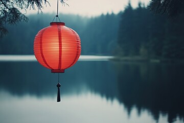 Obraz premium Chinese paper lantern hanging on tree branch against lake background