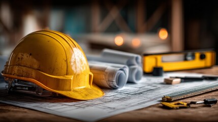 Close-up of construction tools including blueprints, a safety helmet, and level on a house layout