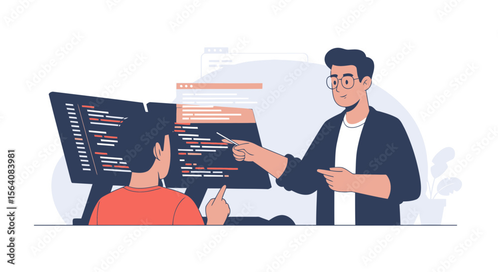 Poster online software engineering lesson illustration displaying code and interaction between students