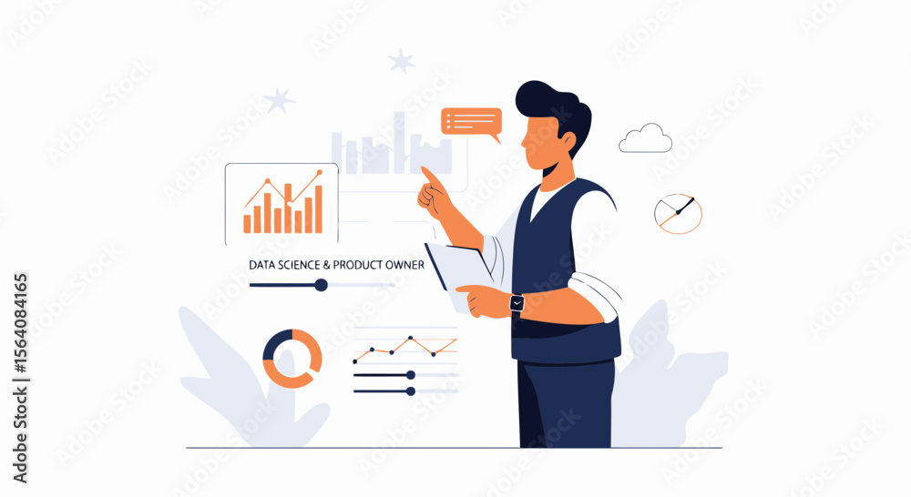 Poster product owner analyzing data chart using innovative technology and data science