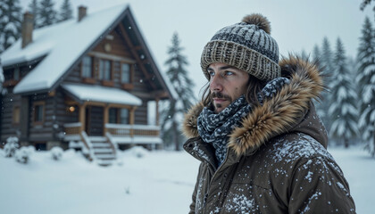 Fototapeta premium Thoughtful man in warm winter clothing standing in the snow near a cozy cabin in a picturesque winter landscape