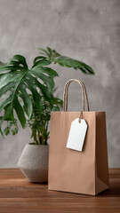 Brown Kraft Paper Shopping Bag with Blank Tag and Palm Leaves