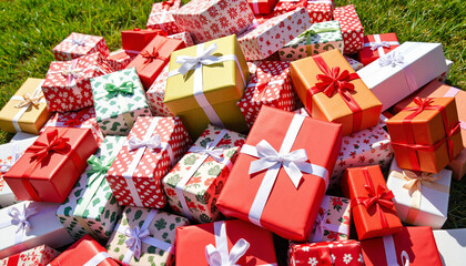 Colorful gift wraps scattered on green lawn, festive celebration