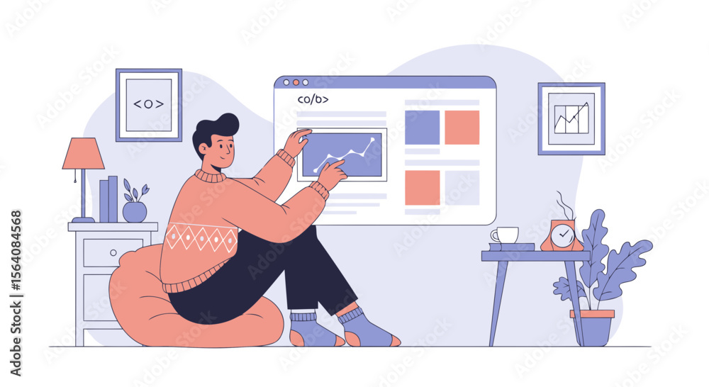 Poster relaxed programmer analyzing data on screen at home or in a creative workspace