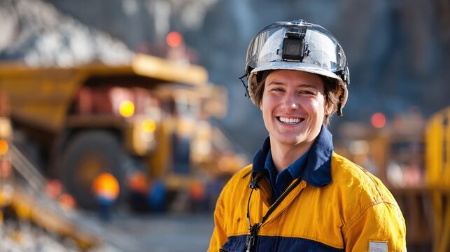 Worker smiles in mining quarry with work safety helmet on. Big yellow machine in the background.