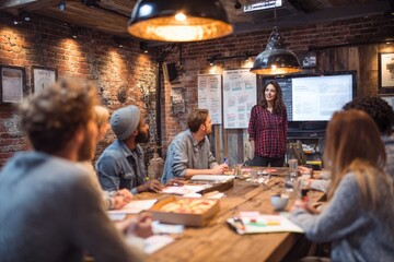 A woman presents to a diverse team around a large wooden table in a rustic, industrial-style meeting room.  Pizza sits on the table