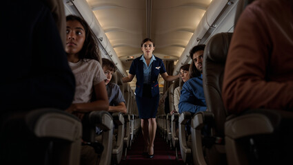 Airline flight attendant serving passengers on an airplane with attentive expressions in a cabin environment