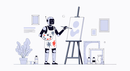 Robot Creates Art In Its Studio With Easel And Supplies In Minimalist Style