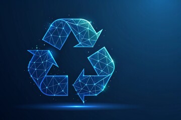 Glowing low poly recycling symbol against a blue background representing sustainability and environmental awareness.