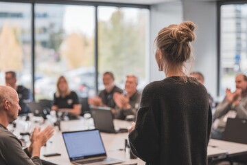 A woman presents to a seated audience in a modern, bright office space, receiving applause.  The background is blurred, showcasing a large window with an outdoor view