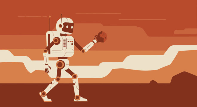 Robot Explorer On Mars Landscape With Rock Discovery For Space Exploration