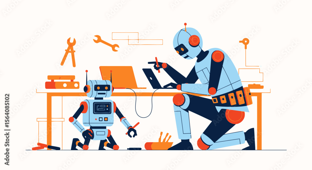 Poster robotic assistance engineers fixing programming artificial intelligence design concept