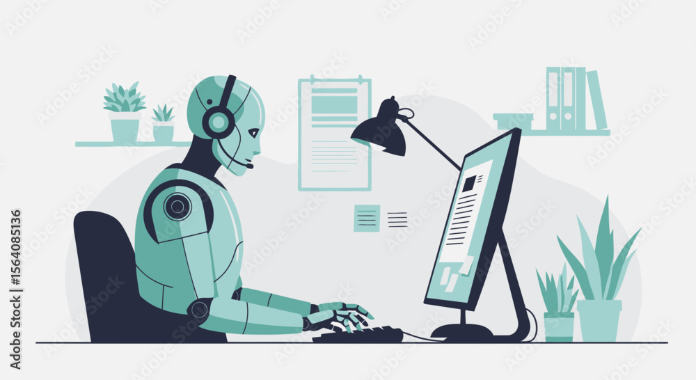 Poster robotic assistant working at desk streamlining operations with ai technology