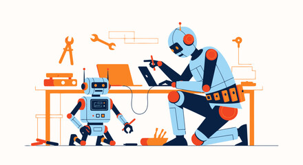 Robotic Assistance Engineers Fixing Programming Artificial Intelligence Design Concept