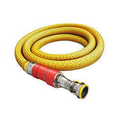 Coiled fire hose with metal nozzle isolated on transparent background