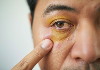 Naklejka premium Adult male with yellow discoloration and swelling under the eye indicating possible jaundice or bruising, close-up facial view with finger pressing the area