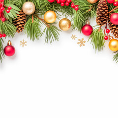 A festive Christmas border design with evergreen pine branches arranged horizontally across the top of the image.