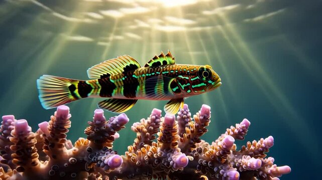 Vibrant goby fish swims near pink coral reef illuminated by sunbeams, underwater marine life. Exotic marine environment with colorful fish and coral reef.