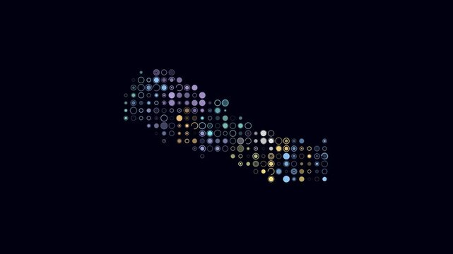 Nepal dotted animation. Shape of the country build of pulsating colored dots. Large size circle blocks. Digital style map on dark background. Beautiful video.