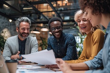 Diverse team joyfully reviewing documents together at a modern office table, showcasing collaboration and success