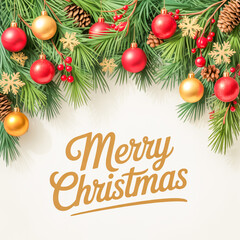 A festive Christmas border design with evergreen pine branches arranged horizontally across the top of the image.