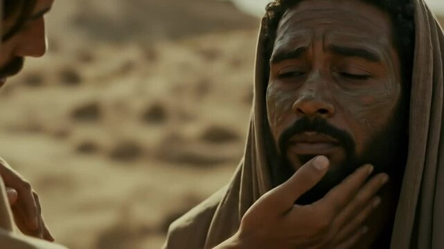 The healing touch of Jesus on the eyes of the man born blind is described in the biblical story told in the gospel of John.