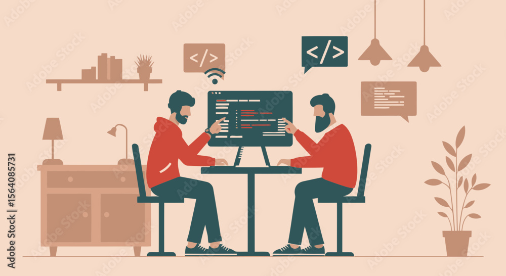 Poster software developers collaborating on code discussing solutions in casual setting