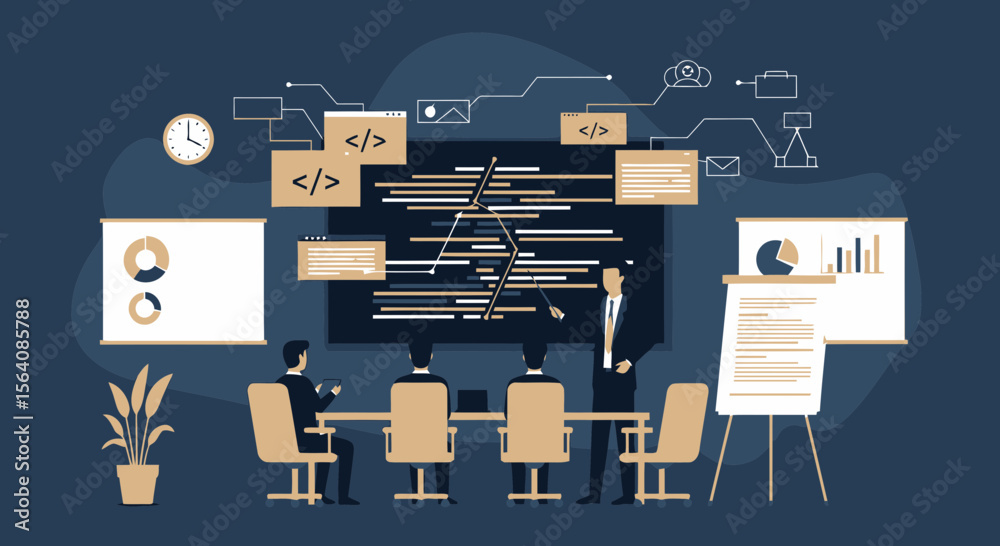 Poster software developers team meeting analyzing data code for improvement ideas