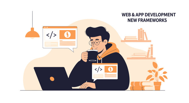 Software Developer Enjoying Coffee While Coding On Laptop During Work Hours