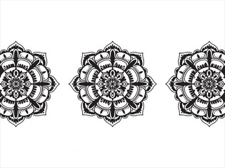 Fototapeta premium Three symmetrical black and white floral mandalas arranged horizontally on a white background