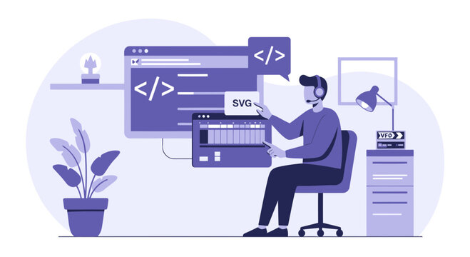 Software Engineer Creating An Svg Animation Vector Illustration In Purple Tones