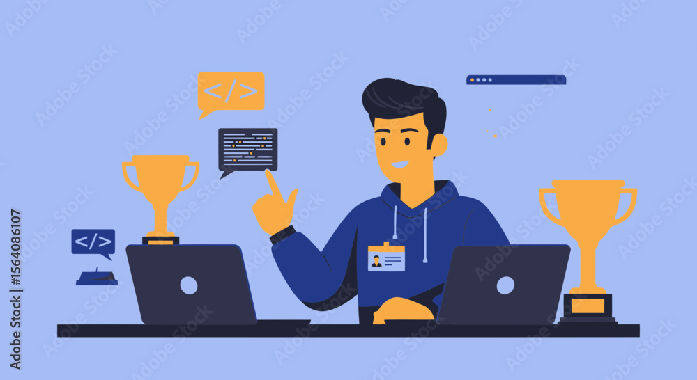 Poster successful coder winning code competitions with modern flat vector illustration