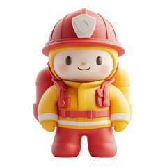 Cute firefighter character in red and yellow uniform smiling