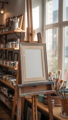 Framed artwork on easel surrounded by art supplies
