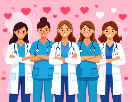 Labor Day vector illustration of proud female doctors and nurses in scrubs with stethoscopes – celebrating healthcare heroes in the U.S.