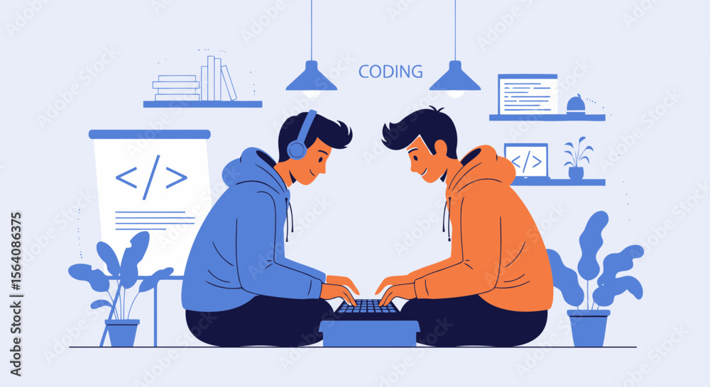 Poster two developers coding together in harmonious environment illustration
