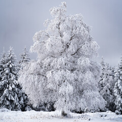 A tree covered in the winter snow