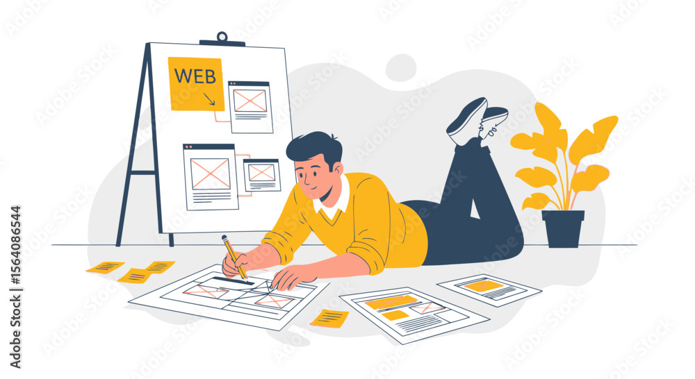 Fototapete Website Designer Sketches Layouts on Floor Creating Innovative User Interface