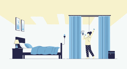 Woman Activating Smart Home Features Through Voice Commands In Bedroom