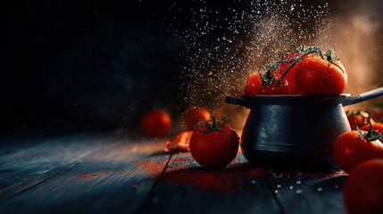 Ripe tomatoes in an old vessel, with spices and salt dust flying around on a dark wooden table.  The concept of food photography, an advertising photo for a menu or restaurant social media post. 