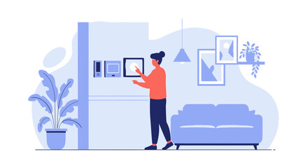 Obraz premium Woman Interacting With Smart Home Automation System Touchscreen Interface