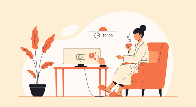 Woman Enjoys Morning Routine With Tea Adjusting Smart Home Device In Cozy Setting