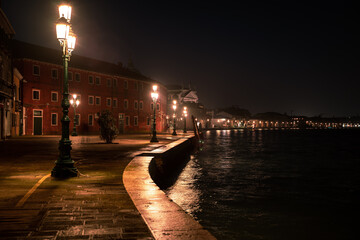 The night streets in Venice Italy