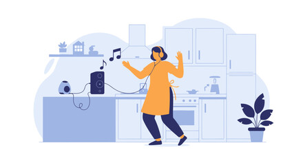 Woman In Apron Enjoys Listening Music And Dancing In The Kitchen