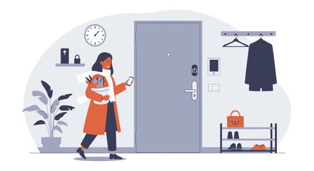 Woman Returning Home After Shopping Using Her Smartphone Near The Door
