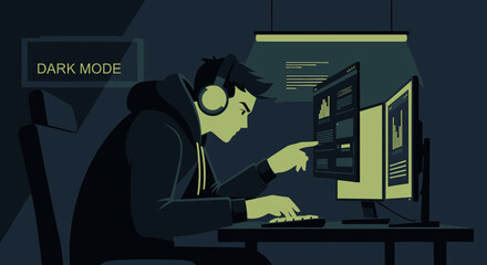 Young Man Working On Dual Monitors Late At Night Dark Mode Concept