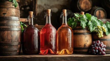 Wine making kits including carboys, corkers, grapes, and fermentation tools set up for artisan beverage crafting, home winemaking hobbies, and fermentation process visuals