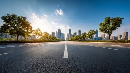 Obraz premium Open stretch of asphalt road leading to a scenic urban skyline on a sunny day