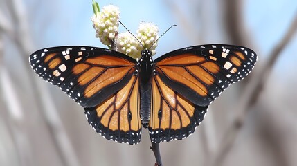 Obraz premium Stunning Monarch Butterfly on Branch with White Flowers