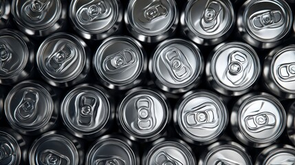 Overhead view of a large collection of aluminum beverage cans forming a repetitive pattern